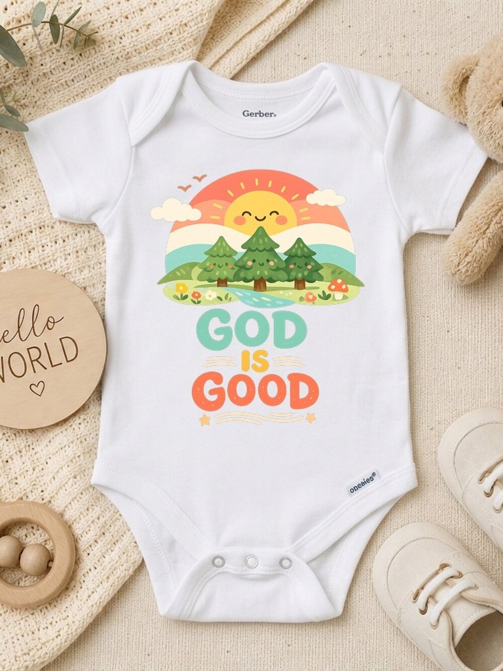 God Is Good Religious Retro Baby Gift ONESIE® - Vintage Style Natural